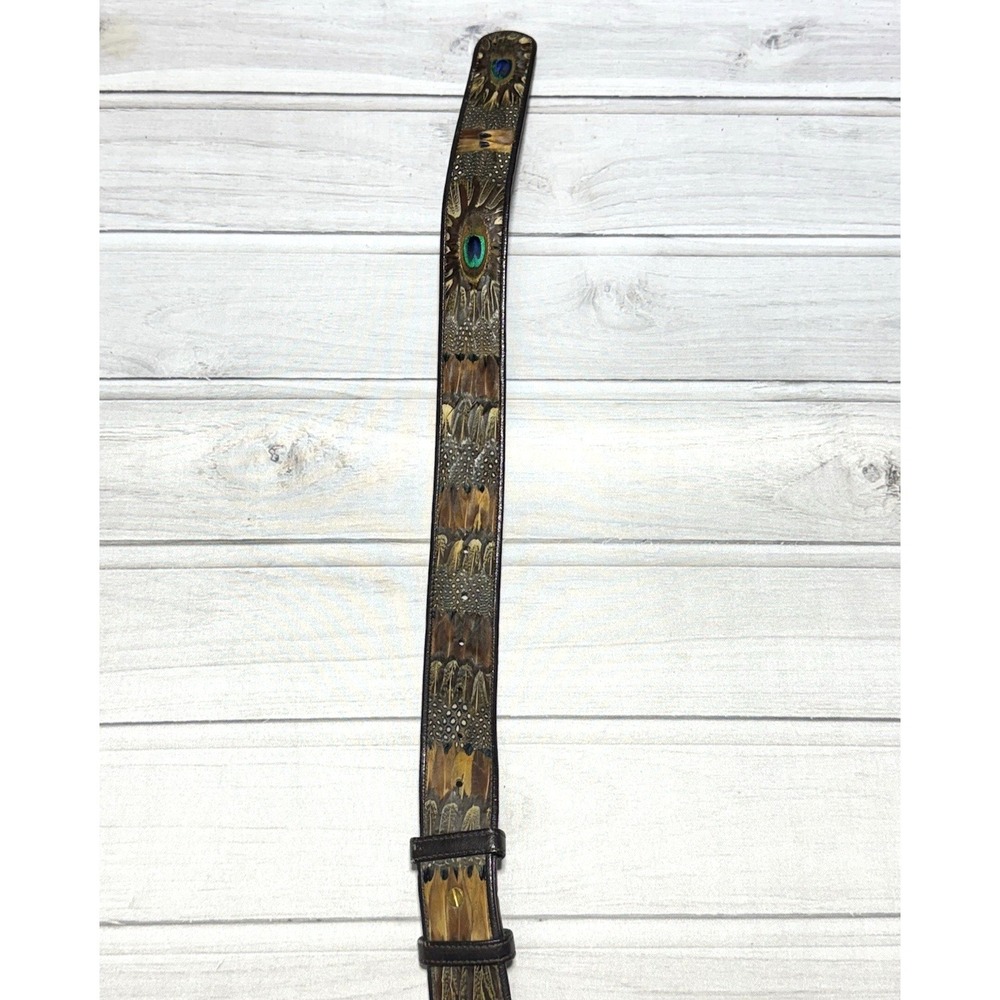 Vintage Peacock Feather Inlay Belt Leather Hippie Boho Gold Tone Slide Buckle - Picture 4 of 10